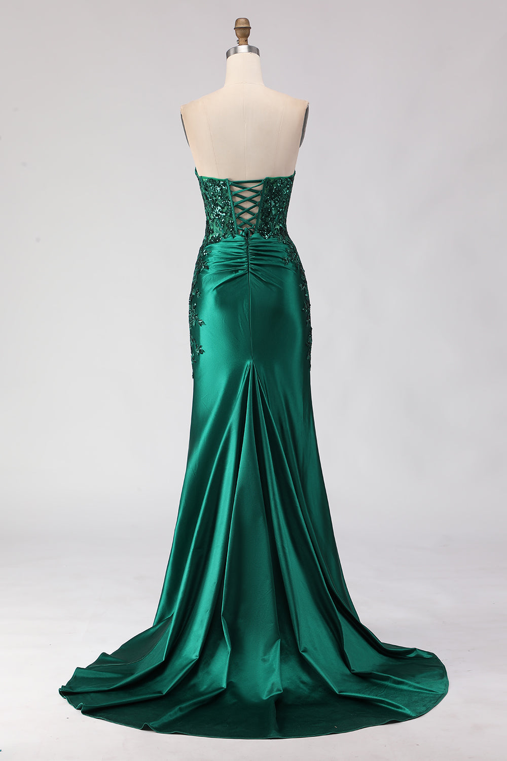 Sparkly Dark Green Mermaid Satin Ruched Long Prom Dress with Slit