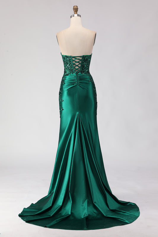 Sparkly Dark Green Mermaid Satin Ruched Long Prom Dress with Slit