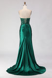 Sparkly Dark Green Mermaid Satin Ruched Long Prom Dress with Slit