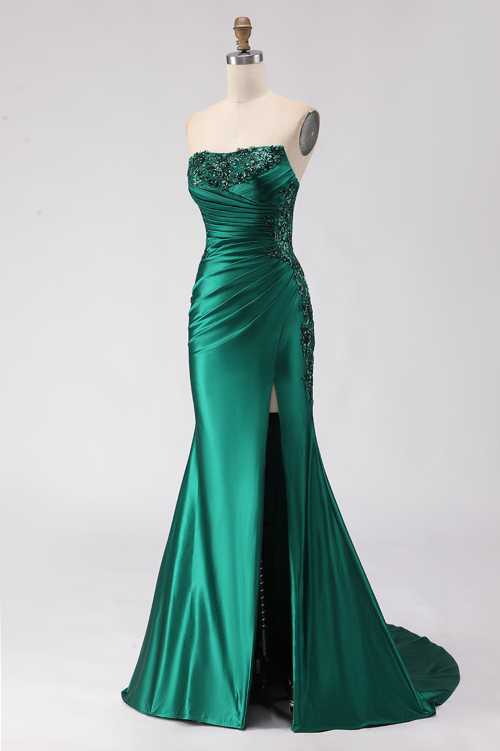 Sparkly Dark Green Mermaid Satin Ruched Long Prom Dress with Slit