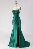 Sparkly Dark Green Mermaid Satin Ruched Long Prom Dress with Slit