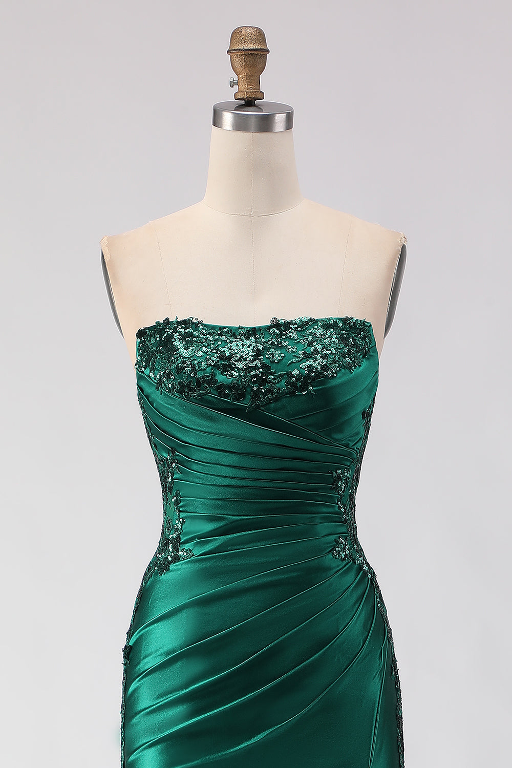 Sparkly Dark Green Mermaid Satin Ruched Long Prom Dress with Slit