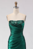 Sparkly Dark Green Mermaid Satin Ruched Long Prom Dress with Slit