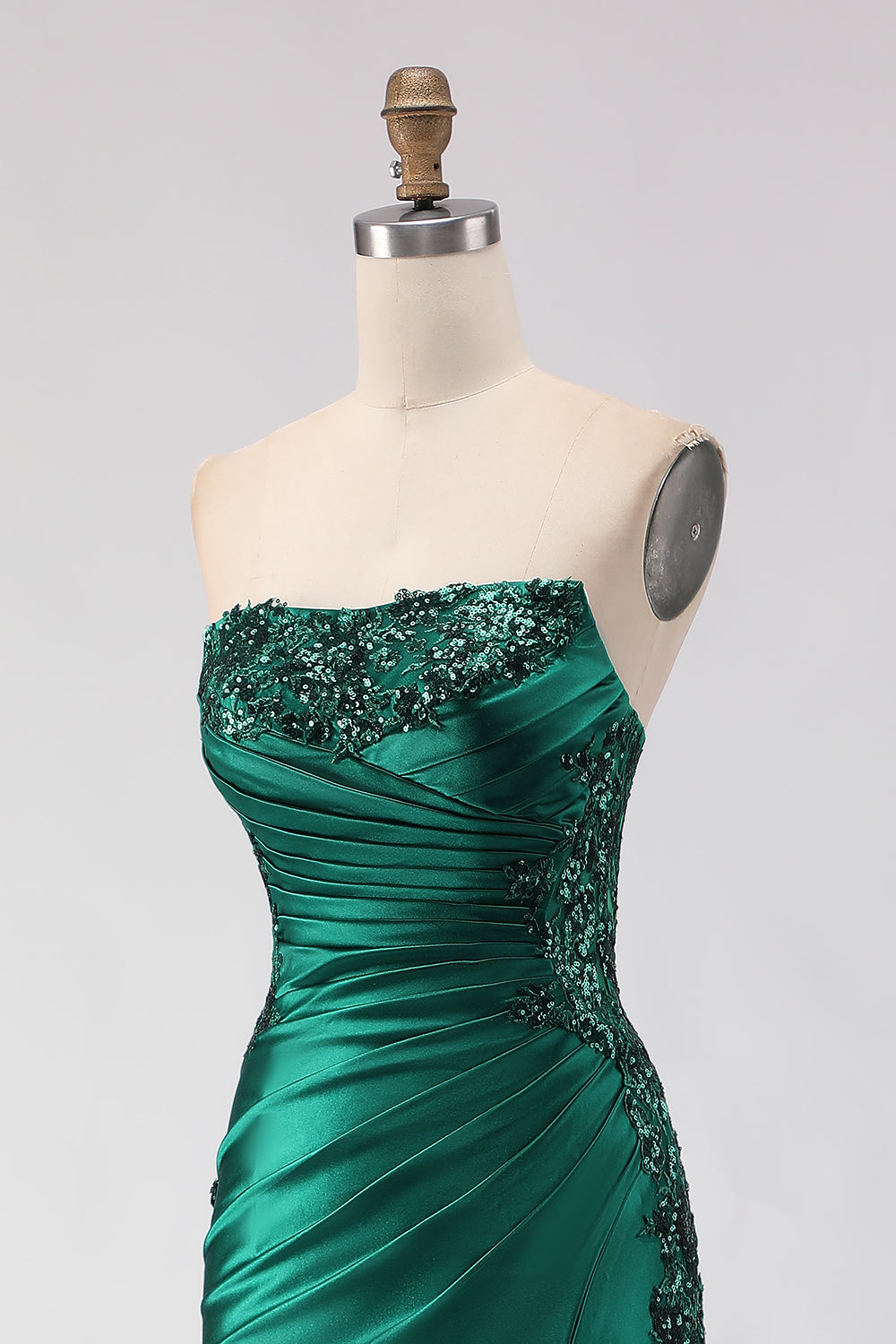 Sparkly Dark Green Mermaid Satin Ruched Long Prom Dress with Slit