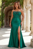 Sparkly Dark Green Plus Size Mermaid Satin Ruched Long Prom Dress with Slit