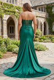 Sparkly Dark Green Plus Size Mermaid Satin Ruched Long Prom Dress with Slit
