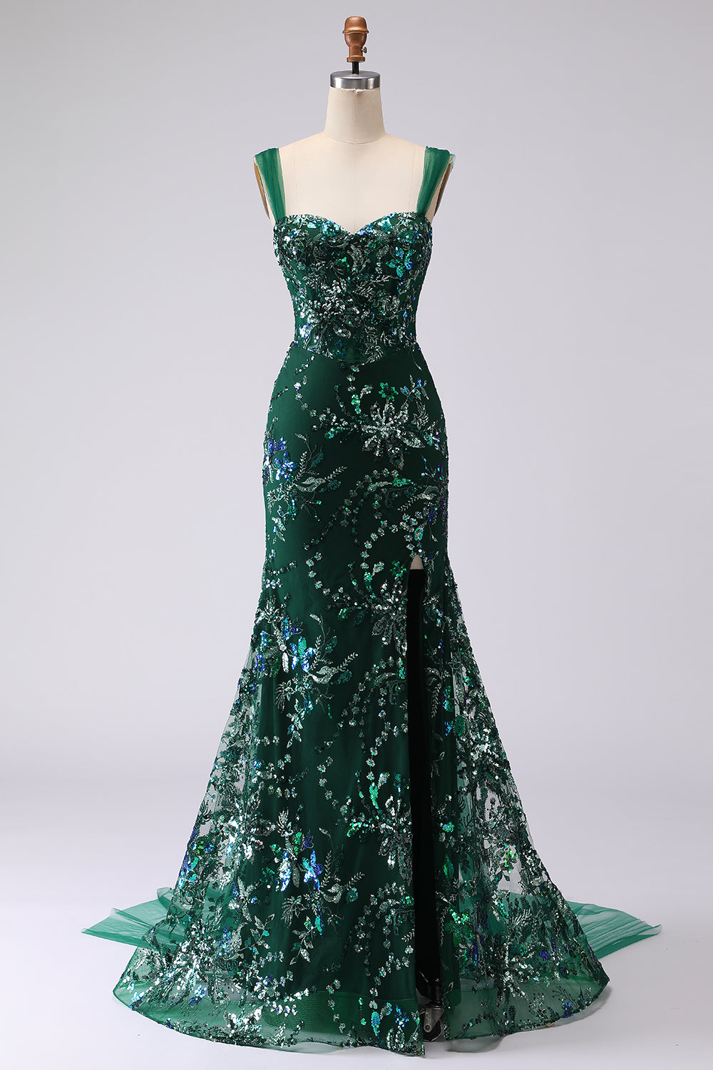 Sparkly Floral Dark Green Mermaid Sequins Long Prom Dress with Slit