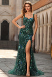 Sparkly Dark Green Sequins Long Prom Dress with Cape Mermaid Floral Thick Straps Lace Up Back Gala Dress with Slit
