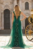 Sparkly Floral Dark Green Mermaid Sequins Long Prom Dress with Slit