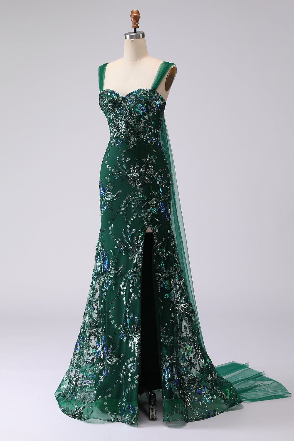 Sparkly Floral Dark Green Mermaid Sequins Long Prom Dress with Slit