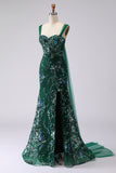 Sparkly Floral Dark Green Mermaid Sequins Long Prom Dress with Slit