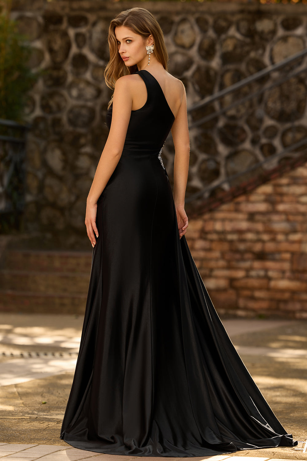 Sparkly Black One Shoulder Cut Out Long Prom Dress with Rhinestones