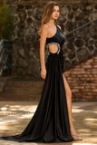Sparkly Black One Shoulder Cut Out Long Prom Dress with Rhinestones