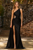 Sparkly Black One Shoulder Cut Out Long Prom Dress with Rhinestones