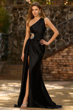 Sparkly Black One Shoulder Cut Out Long Prom Dress with Rhinestones