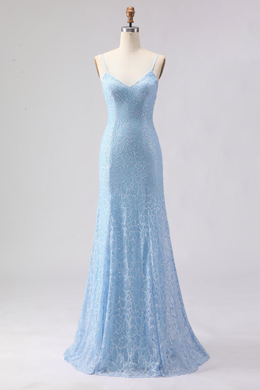 Sparkly Sky Blue Beaded Spaghetti Straps Long Prom Dress