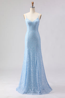 Sparkly Sky Blue Beaded Spaghetti Straps Long Prom Dress