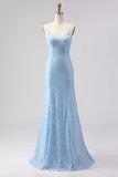 Sparkly Sky Blue Beaded Spaghetti Straps Long Prom Dress