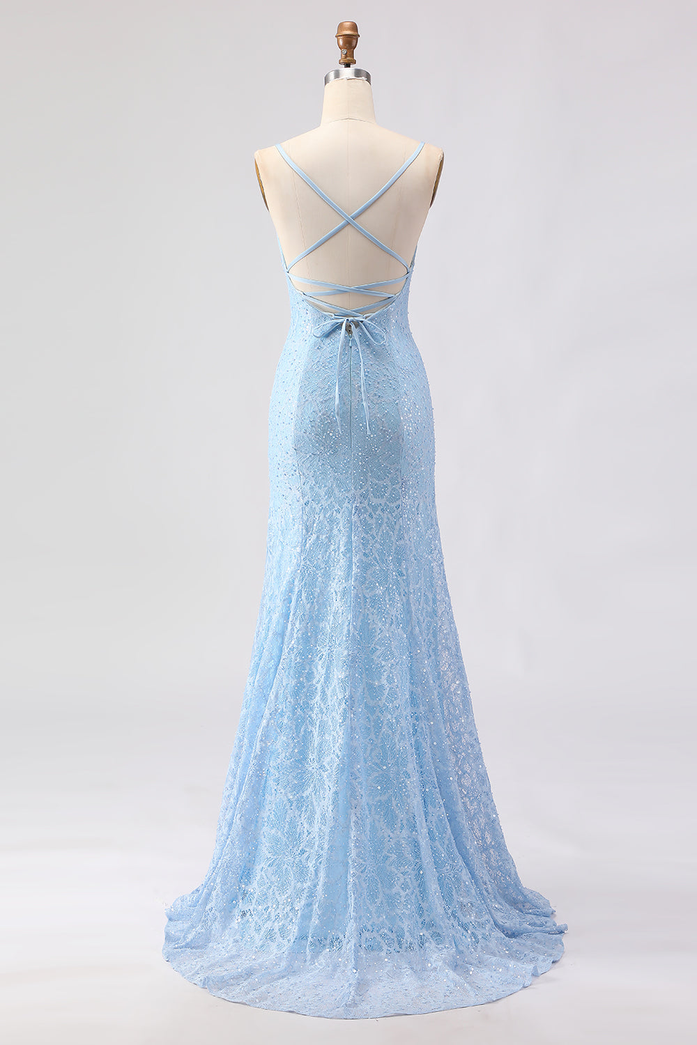 Sparkly Sky Blue Beaded Spaghetti Straps Long Prom Dress