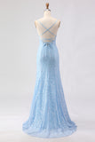 Sparkly Sky Blue Beaded Spaghetti Straps Long Prom Dress