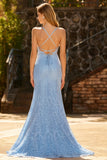 Sparkly Sky Blue Lace Mermaid Beaded Long Prom Dress