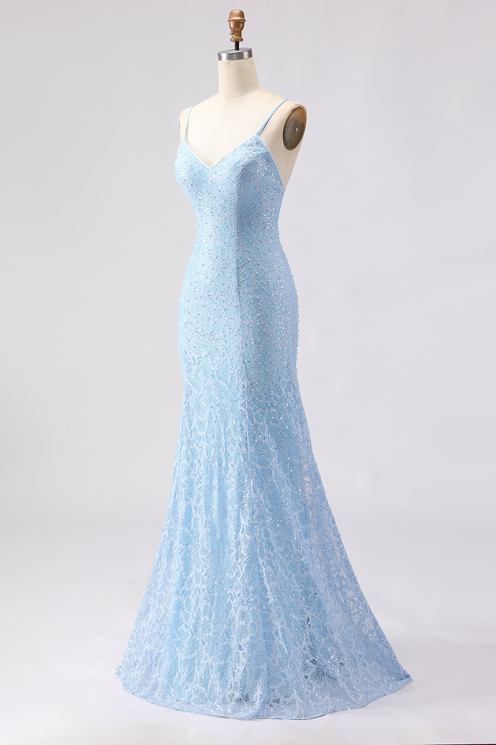 Sparkly Sky Blue Beaded Spaghetti Straps Long Prom Dress