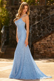 Sparkly Sky Blue Lace Mermaid Beaded Long Prom Dress