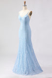 Sparkly Sky Blue Beaded Spaghetti Straps Long Prom Dress