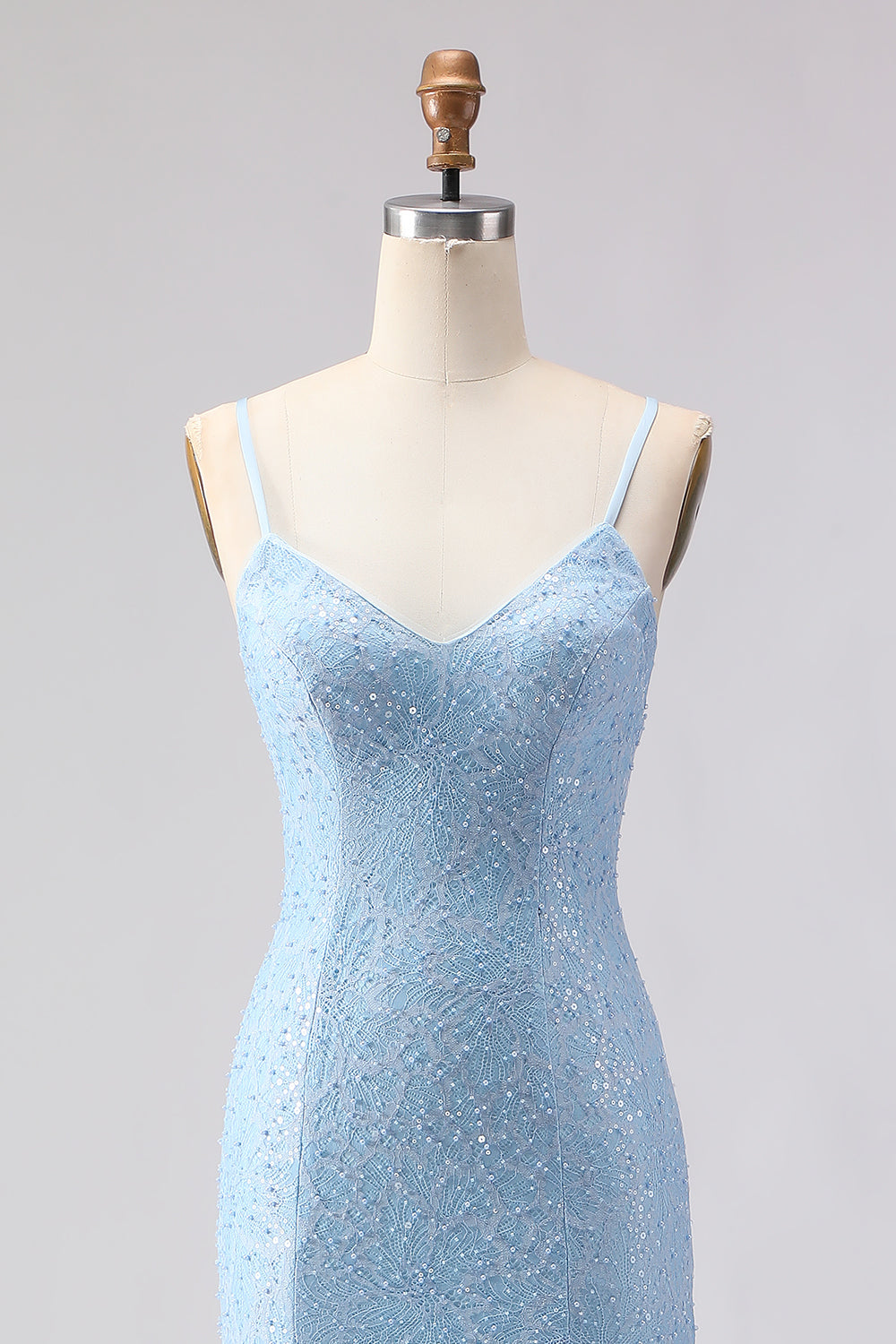 Sparkly Sky Blue Beaded Spaghetti Straps Long Prom Dress