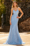 Sparkly Sky Blue Lace Mermaid Beaded Long Prom Dress