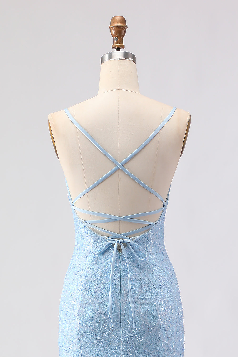 Sparkly Sky Blue Beaded Spaghetti Straps Long Prom Dress