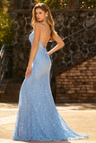 Sparkly Sky Blue Lace Mermaid Beaded Long Prom Dress