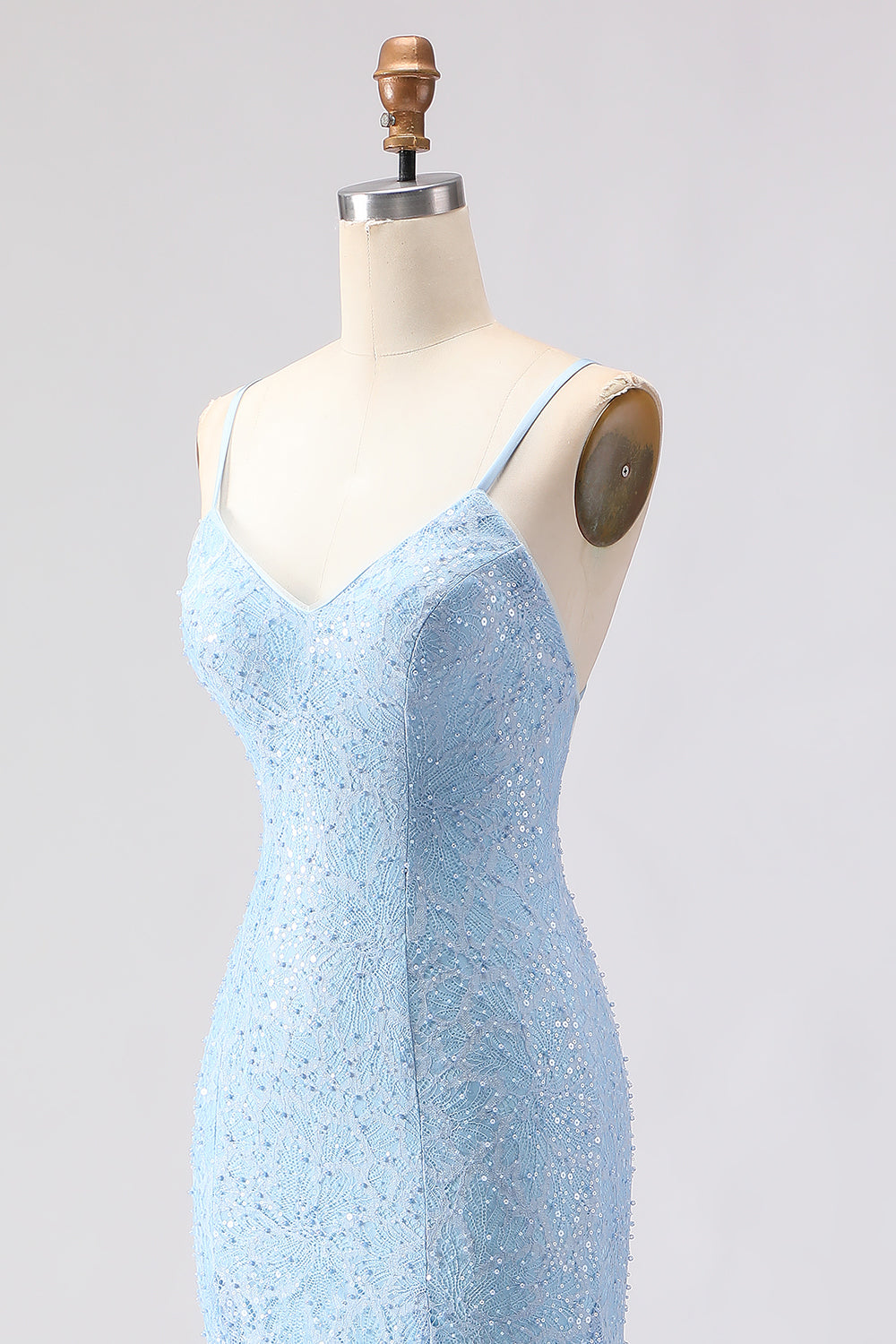 Sparkly Sky Blue Beaded Spaghetti Straps Long Prom Dress