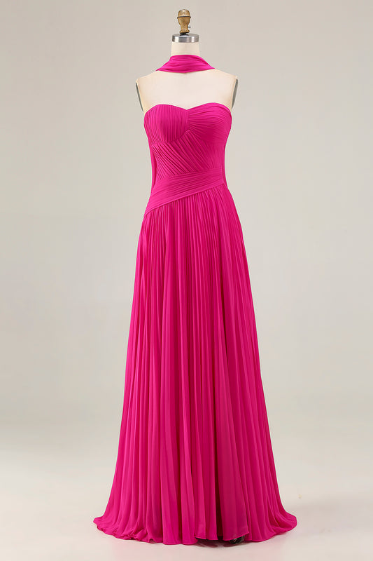 Fuchsia Strapless Pleated Neck Scarf A Line Long Prom Dress