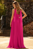 Fuchsia Pleated Neck Scarf A Line Chiffon Long Prom Dress