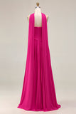 Fuchsia Strapless Pleated Neck Scarf A Line Long Prom Dress