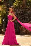 Fuchsia Pleated Neck Scarf A Line Chiffon Long Prom Dress