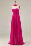 Fuchsia Strapless Pleated Neck Scarf A Line Long Prom Dress