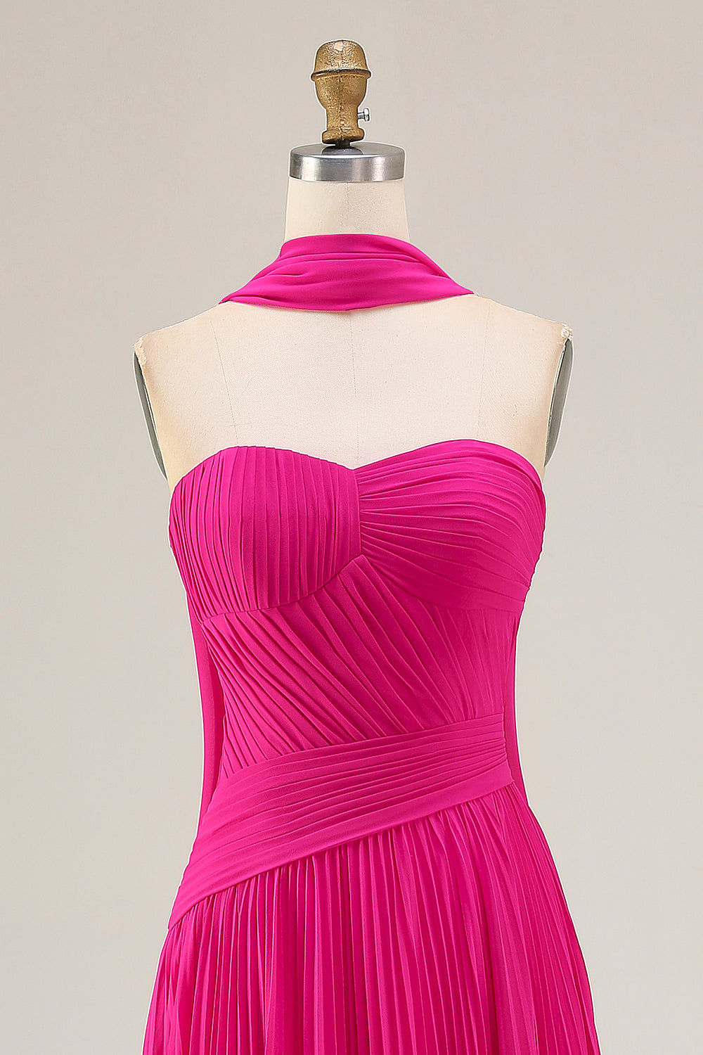 Fuchsia Strapless Pleated Neck Scarf A Line Long Prom Dress
