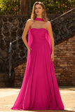 Fuchsia Pleated Neck Scarf A Line Chiffon Long Prom Dress
