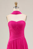Fuchsia Strapless Pleated Neck Scarf A Line Long Prom Dress