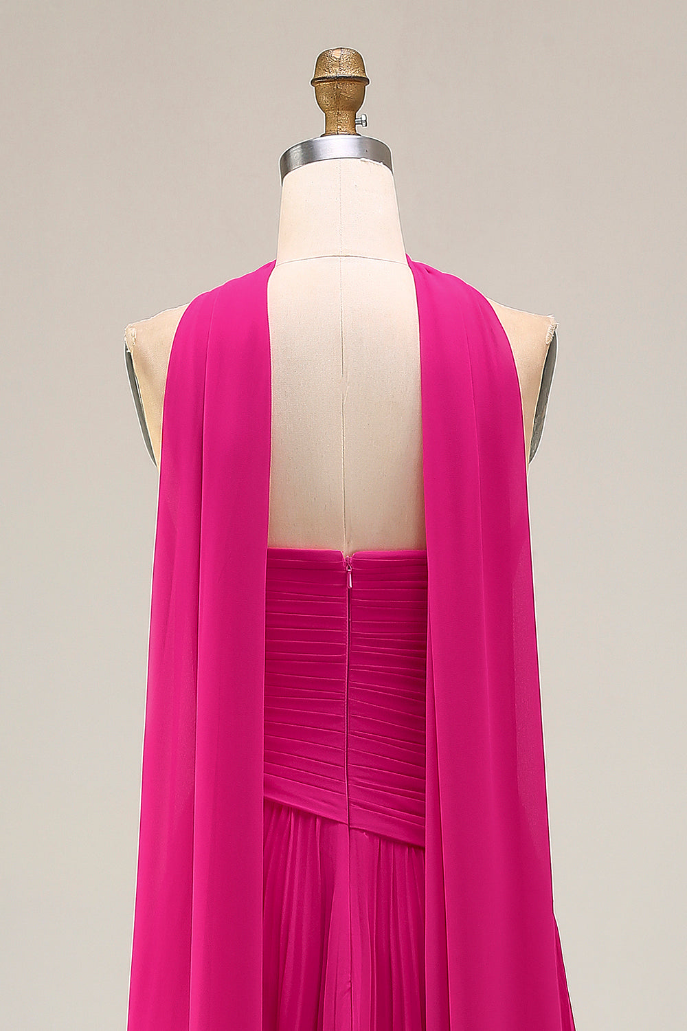 Fuchsia Strapless Pleated Neck Scarf A Line Long Prom Dress