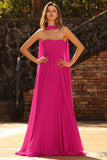 Fuchsia Pleated Neck Scarf A Line Chiffon Long Prom Dress