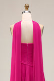 Fuchsia Strapless Pleated Neck Scarf A Line Long Prom Dress