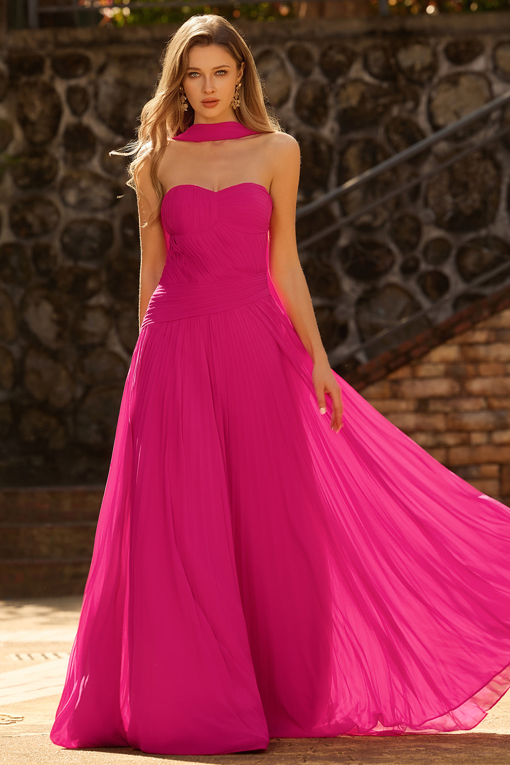 Zapakasa Women Fuchsia Pleated Long Prom Dress Strapless A Line Chiffon Neck Scarf Ruched Wedding Guest Dress Zapakasa Women Fuchsia Pleated Long Prom Dress Strapless A Line Chiffon Neck Scarf Ruched Wedding Guest Dress