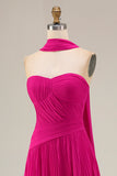 Fuchsia Strapless Pleated Neck Scarf A Line Long Prom Dress