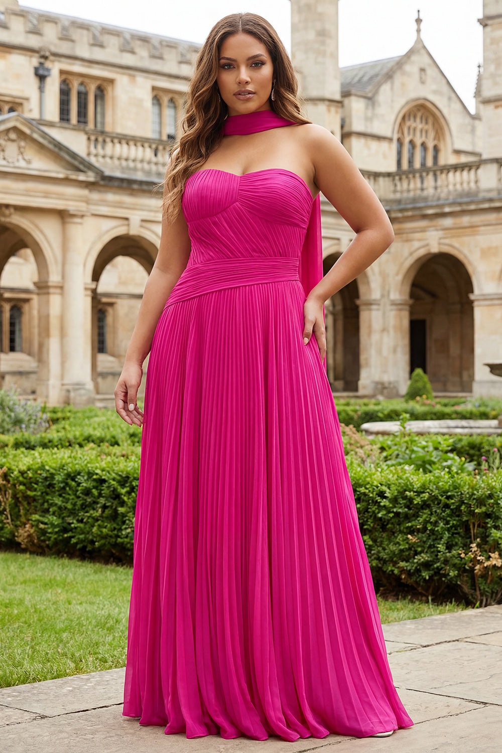 Plus Size Fuchsia Strapless Pleated Neck Scarf A Line Long Prom Dress