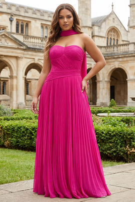 Plus Size Fuchsia Strapless Pleated Neck Scarf A Line Long Prom Dress
