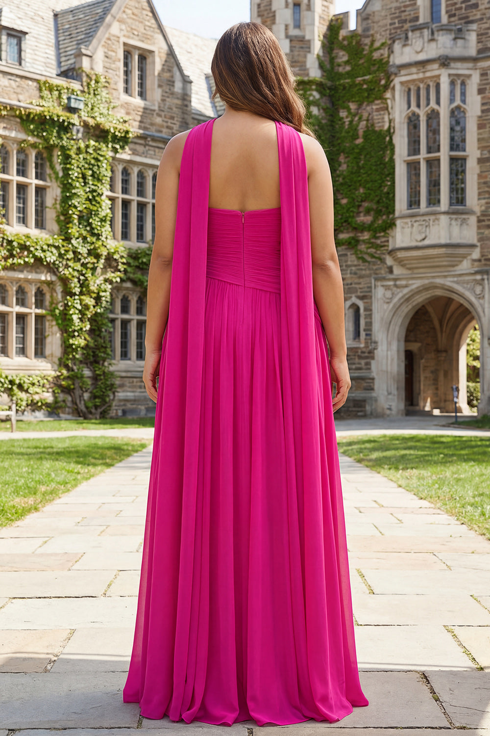 Zapakasa Women Fuchsia Neck Scarf Long Prom Dress Pleated Strapless A Line Ruched Wedding Guest Dress Zapakasa Women Fuchsia Neck Scarf Long Prom Dress Pleated Strapless A Line Ruched Wedding Guest Dress