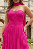 Plus Size Fuchsia Strapless Pleated Neck Scarf A Line Long Prom Dress